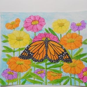 Monarch Butterfly on Zinnia Painting